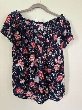 Old Navy Navy Floral Off-Shoulder Blouse with Red and Cream Flowers